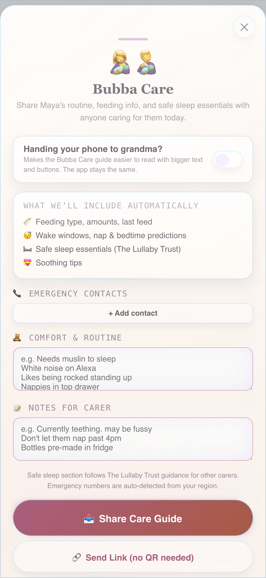 OBubba Bubba Care handover screen showing routine, contacts and notes for carers